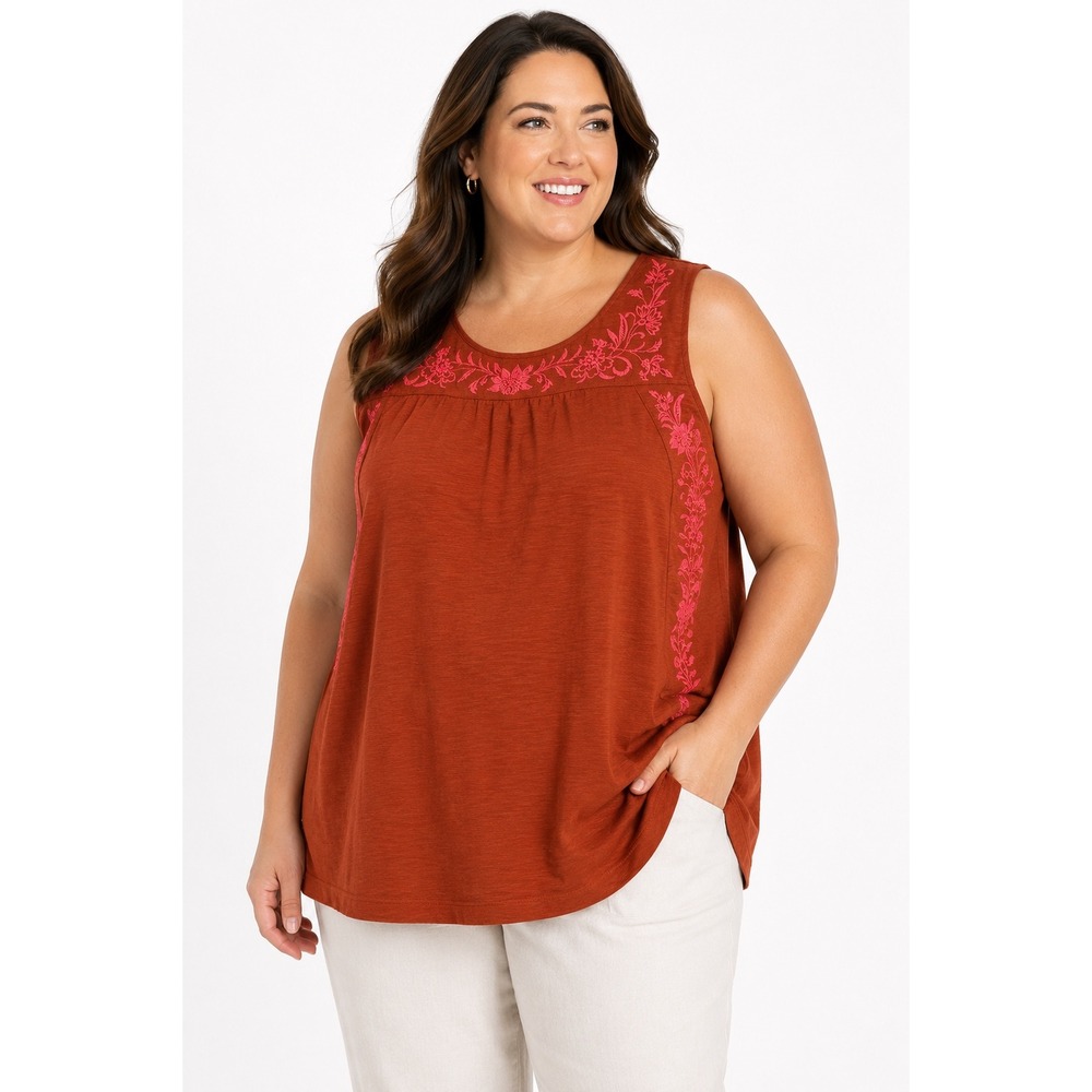 J. Jill Rust Orange Pink Floral Embroidered Sleeveless Top 2X‎ Cotton Modal Slub